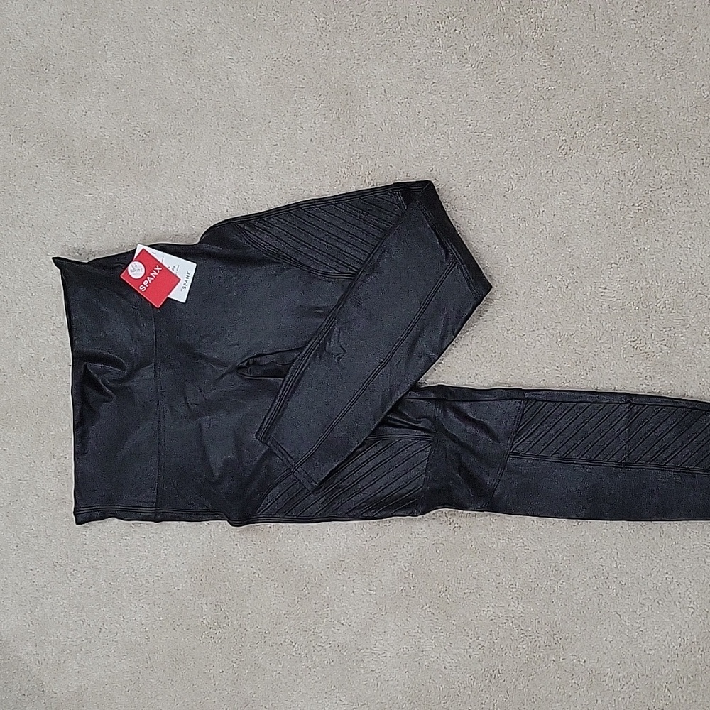 Spanx moto faux leather leggings, M Petite